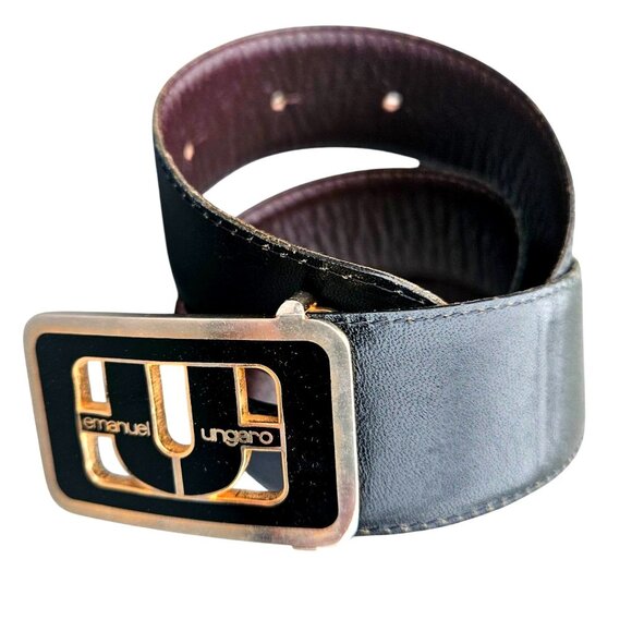 Vintage Emanuel Ungaro Belt 1970s Leather Black Gold Womens 25 27 Inch Waist main image 3